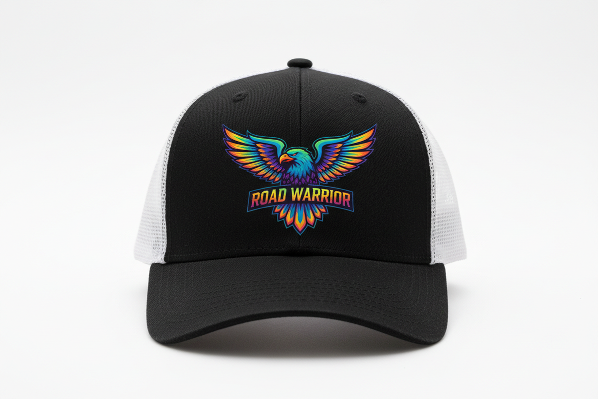 A mockup, realistic, of a Trucker Cap with a cool DTF printed logo on the front panel. 