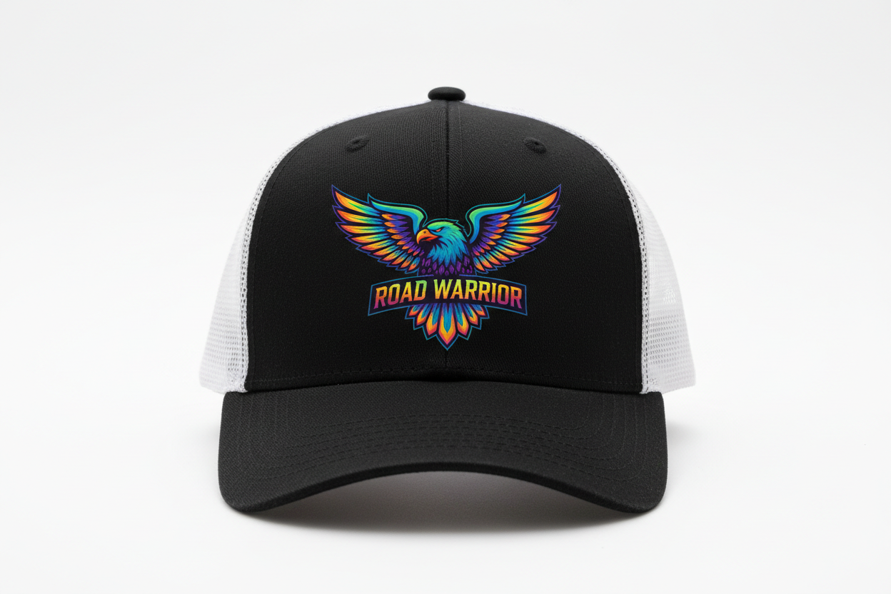 A mockup, realistic, of a Trucker Cap with a cool DTF printed logo on the front panel. 